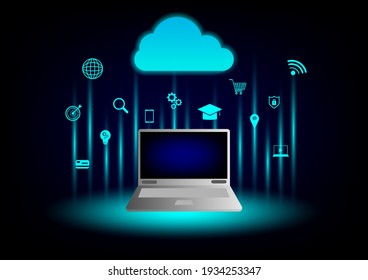 Cloud data storage interface concept. Cloud computing and laptop, wifi, money, data, and lock security Communication of business and financial. Transfer data and network with the internet. 