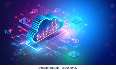 Armazenamento de dados em nuvem para o sistema doméstico inteligente Internet of Things. O armazenamento em nuvem é sincronizado com o sistema smart home. Conceito isométrico de IOT de casa inteligente. Ícones IOT da conexão de dispositivos.