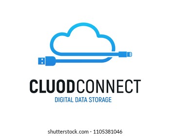 Cloud data storage isolated blue vector logo. Wire usb cable on white background