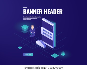 Cloud data storage isometric icon, personal data security, account password, user authorization, smartphone and man dark neon illustration