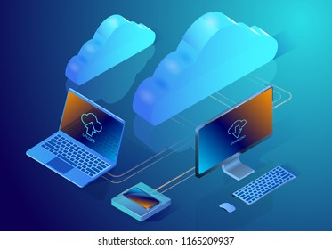 Cloud data storage. Isometric vector illustration depicting concept of online data hosting. Image showing digital devices and clouds on the abstract surface.