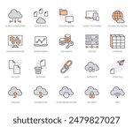 Cloud data storage line icons set. Database, information storage, server center, global network, backup, download vector illustrations. Technology thin signs. Orange color. Editable Strokes