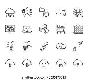 Cloud data storage line icons set. Database, information storage, server center, global network, backup, download vector illustrations. Technology thin signs. Pixel perfect 64x64. Editable Strokes.