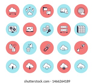 Cloud data storage line icons set. Database, information storage, server center, global network, backup, download vector illustrations. Technology thin signs.