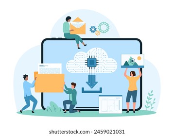 Cloud-Datenspeicherung, Online-Service. Kleine Leute hochladene Dateien und Ordner in die Cloud auf dem Tablet-Bildschirm, fügen Bild zu archivier, synchronisieren Backup und herunterladene Dokument für die Freigabe Cartoon-Vektorillustration