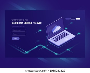 Cloud data storage, remote data access, backup copy services, open laptop with cloud icon isometric vector ultraviolet Cloud data storage, remote data access, backup copy services, open laptop with cloud icon isometric vector ultraviolet