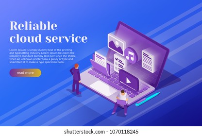 Cloud data storage and remote data access flat 3d isometric business concept. People stand at the open laptop. 3d multimedia files icons. Professional hosting and data storage. Vector illustration