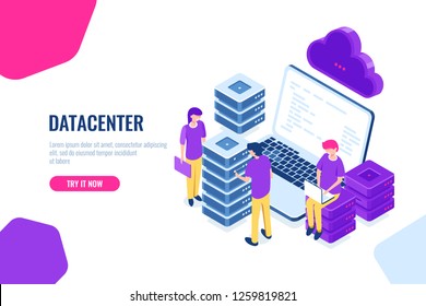 Cloud Data Storage, Remote Backup Of Files, Data Center And Database Isometric Concept, Internet Warehouse, Laptop Cartoon People Vector