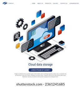 Cloud data storage, remote server, cloud database 3d isometric vector concept illustration