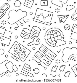 Cloud data storage seamless pattern with line icons. Database background, information storage, server center, global network, backup, security vector illustrations. Technology black white wallpaper.