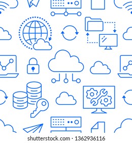 Cloud Data Storage Seamless Pattern With Line Icons. Database Background, Information, Server Center, Global Network, Backup, Security Vector Illustrations. Technology Blue White Wallpaper.