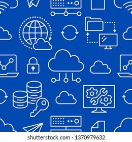 Cloud data storage seamless pattern with line icons. Database background, information, server center, global network, backup, security vector illustrations. Technology blue white wallpaper.