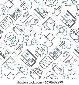 Cloud data storage seamless pattern with line style icons. Database background, information, global network, server center, backup and security vector illustration. Cloud computing.
