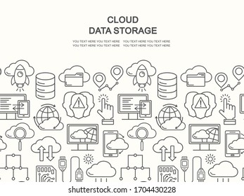 Cloud data storage seamless pattern with line style icons and place for tex. Database background, information, global network, server center,  backup and security vector illustration. Cloud computing.