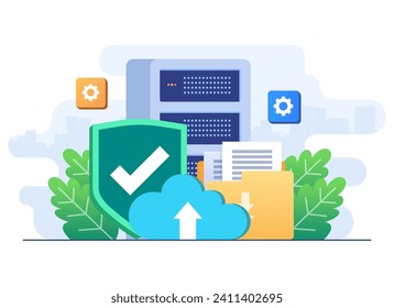 Cloud data storage security, Cyber security, Database storage, Online hosting technology, Cloud Protection, Data backup, File sharing, Secure personal data flat illustration