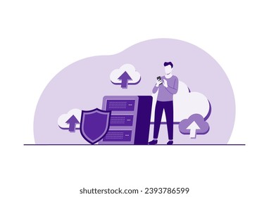 Cloud data storage and security flat illustration, People upload folders and transfer backup files to digital database services, Cyber security, Database protection, data center, file management