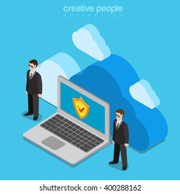 Cloud Data Storage Security Safety Service Concept. Flat 3d Isometry Isometric Online Internet Technology Web Vector Illustration. Two Bodyguard Laptop Shield. Creative People Collection.