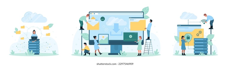 Almacenamiento de datos en la nube e ilustración vectorial de conjunto de seguridad. Pequeñas personas caricaturizadas cargan carpetas y transfieren archivos de backup a servicios de bases de datos digitales, trabajan con discos de servidor e infraestructura de red