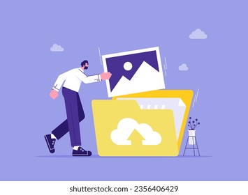 Cloud data storage and server concept, man uploading image or file document to huge folder of cloud storage, sharing of content on social networks