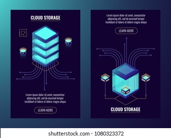 Cloud data storage, server room concept, abstract futuristic object, datacenter bigdata processing isometric vector