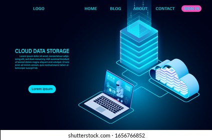 Cloud data storage and server room. server rack with cloud. online computing technology. isometric flat design vector illustration