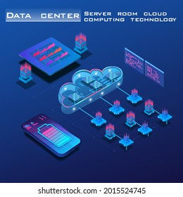 Cloud data storage. Server room. The process of processing and storing data. Central processing unit in an isometric view. Concept banner