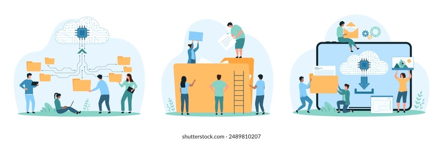 Conjunto de servicios de almacenamiento de datos en la nube. Las personas pequeñas ponen el documento digital en la carpeta, trabajan con el directorio en la nube y la red de Archivar, Descarga y transferencia de información para compartir la Ilustración vectorial de dibujos animados