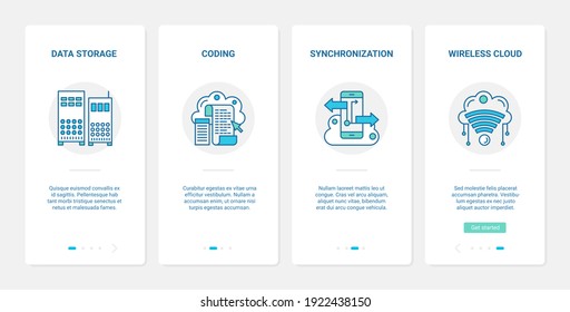 Cloud data storage service vector illustration. UX, UI onboarding mobile app page screen set with line online storing database information, transfer and sync system, cloud wireless and coding symbols
