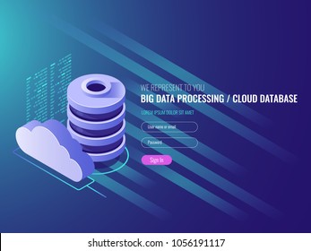 Cloud data storage services, database cloud program code icons, Data storage, server room IT isometric 3d vector Cloud data storage services, database cloud program code icons, Data storage, server room IT isometric 3d vector