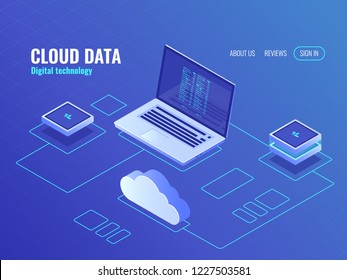 Cloud Data Storage Services, Server Room Isometric Icon, Laptop With Program Code On Screen, Secure Data Transfer Concept Top View Vector