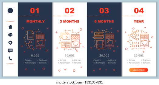 Cloud data storage subscription fee onboarding mobile app screens with service prices. Walkthrough website pages templates. File hosting service. Tariff plans steps. Smartphone payment web page layout
