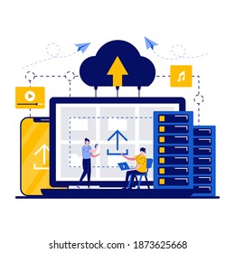 Cloud Data Storage Technology Concept With Tiny Character. People Upload Photo Documents And Files To Server Cloud Datacenter Flat Illustration. Tech Service For Communication In Internet Metaphor.