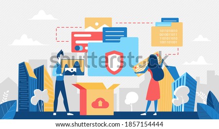 Cloud data storage technology concept vector illustration. Cartoon user people upload photo documents and files to server cloud datacenter. Modern tech service for communication in internet background