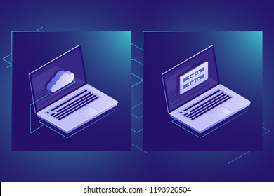 Cloud data storage technology isometric icon, personal information safety, laptop computer, user authorization dark neon illustration