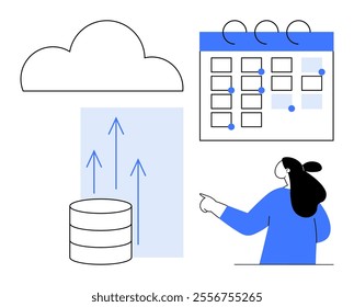 Cloud with data storage and upward arrows, calendar with tasks and appointments, person pointing. Ideal for data management, task planning, cloud computing, office productivity, project management