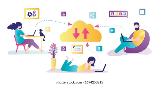 Cloud data storage. Various business people working online. Download and upload data, information via internet. Cloud computing concept. Remote work. File hosting service. Flat Vector illustration