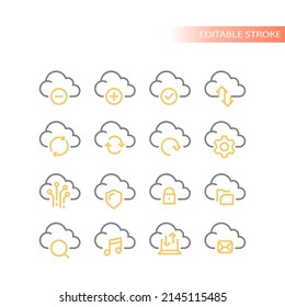 Cloud data storage vector icon set. Upload, download service sharing outline icons.