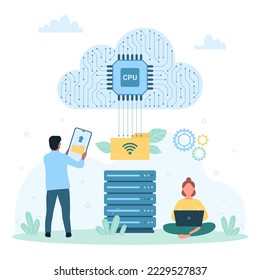 Cloud data storage vector illustration. Cartoon tiny people upload folder with files and documents to database server, download backup for system and organize archives using electronic device