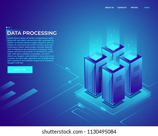 Cloud data storage,big data processing. Digital information technology concept,web hosting,computer server,neon light,isometric vector illustration.