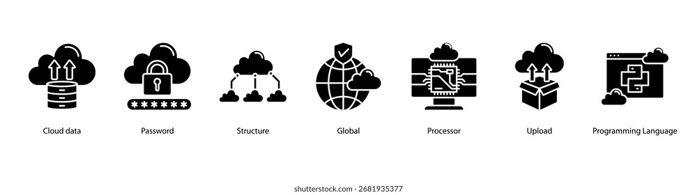Ilustração do vetor do ícone do banner da Web da Cloud Data Systems com Cloud Data, Password, Structure, Global, Processor, Upload, and Programming Language.