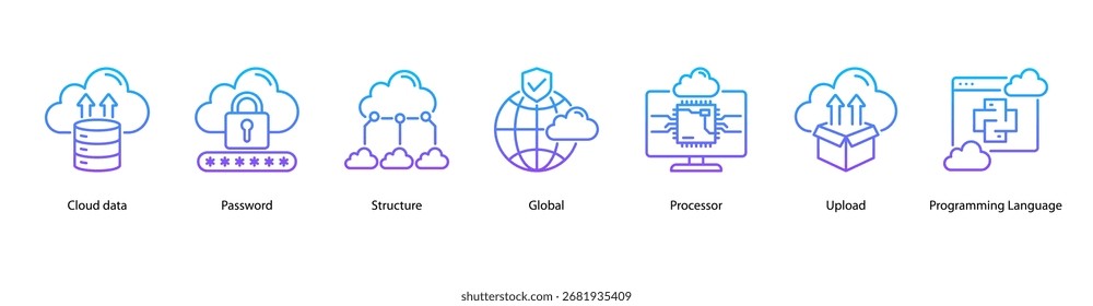 Cloud Data Systems web banner icon vector illustration featuring Cloud Data, Password, Structure, Global, Processor, Upload, and Programming Language.