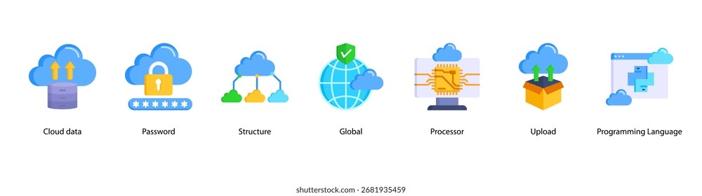 Ilustração do vetor do ícone do banner da Web da Cloud Data Systems com Cloud Data, Password, Structure, Global, Processor, Upload, and Programming Language.