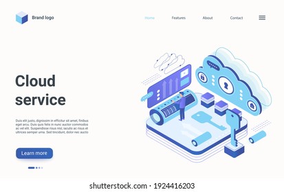 Cloud data tech service isometric vector illustration. Cartoon technician engineer character standing in server datacenter room, repair or work with database, digital support technology landing page