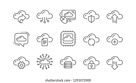 Cloud Data And Technology Icons. Hosting, Computing Data And File Storage. Computer Sync Linear Icon Set.  Vector