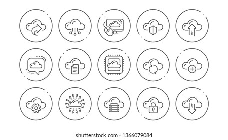 Cloud data and technology icons. Hosting, Computing data and File storage. Computer sync linear icon set. Line buttons with icon. Editable stroke. Vector