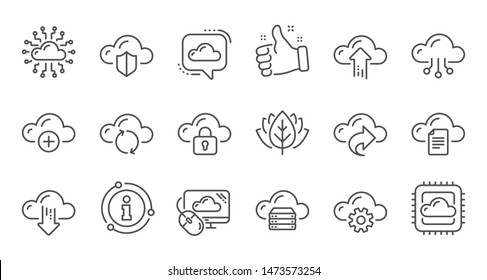 Cloud data and technology icons. Hosting, Computing data and File storage. Computer sync linear icon set. Quality line set. Vector