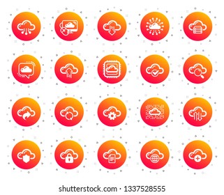 Cloud data and technology icons. Set of Hosting, Computing data and File storage icons. Archive, Download, Share cloud files. Sync technology, Web server, Storage access. Gradient buttons set. Vector