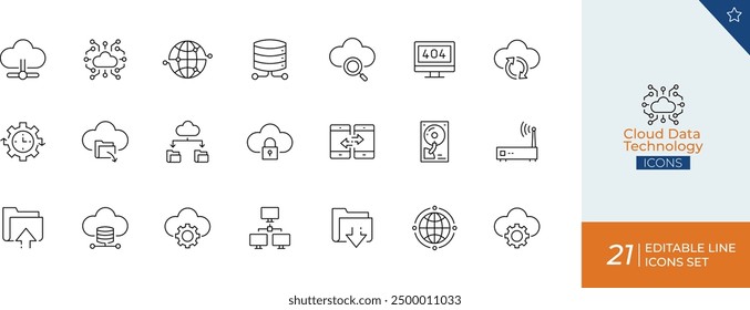 Cloud Data Technology Line Icon Set" besteht in der Regel aus minimalistischen, vektorbasierten Symbolen, die verschiedene Konzepte im Zusammenhang mit Cloud Computing, Datenspeicherung und Technologieinfrastruktur darstellen.