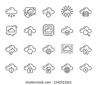 Cloud data and technology line icons. Set of Hosting, Computing data and File storage icons. Archive, Download, Share cloud files. Sync technology, Web server, Storage access. Quality design element