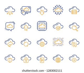 Cloud data and technology line icons. Set of Hosting, Computing data and File storage icons. Archive, Download, Share cloud files. Sync technology, Web server, Storage access. Vector
